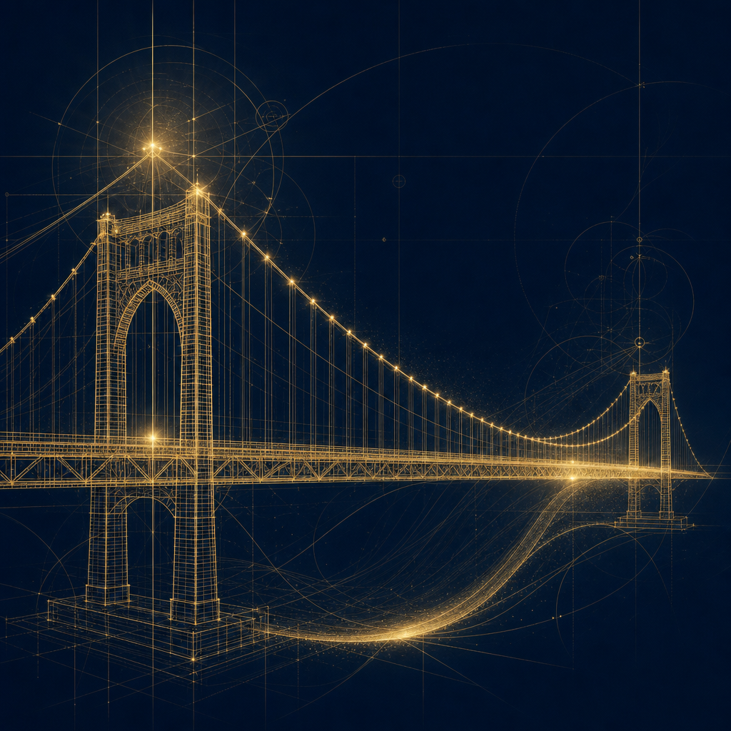 Luminous gold wireframe suspension bridge spanning darkness like a sacred blueprint