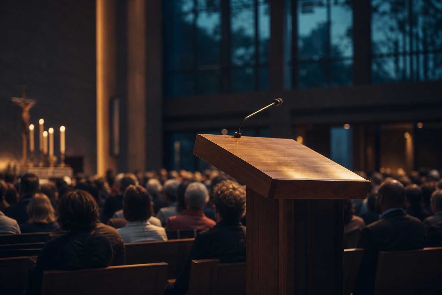Contemporary church sanctuary at blue hour with warm golden light on a wooden lectern