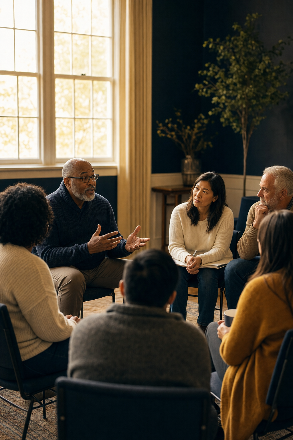 Ministry leaders in a small circle discussion in a contemporary church hall