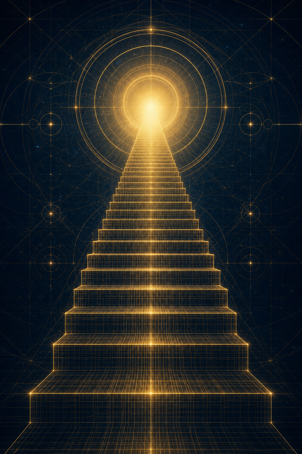 Golden wireframe staircase ascending toward a radiant halo of light