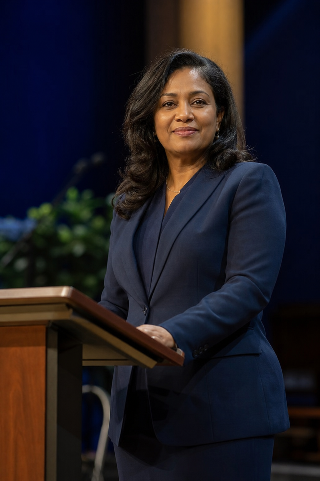 Preacher standing calmly at a modern lectern with warm golden light